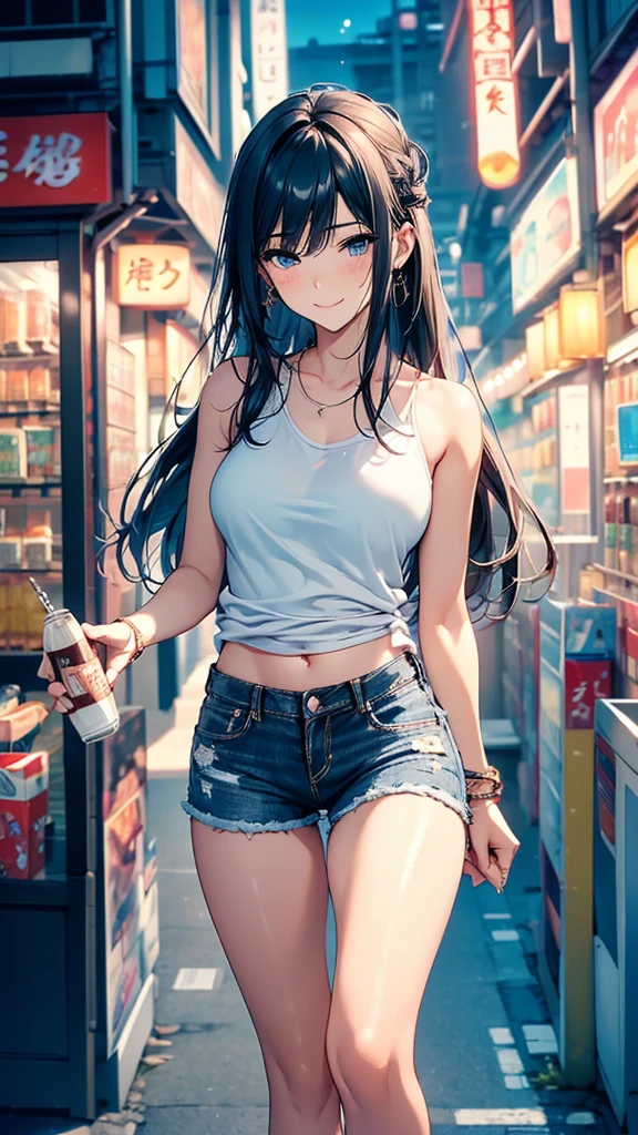 (masterpiece, best quality, Super detailed, high resolution, Extremely detailed CG, CG unity, official art, Professional lighting, Perfect anatomical structure, Anime Colors), (full-body shot/Cowboy shooting), (Front view/side view/Top view/Top view), Looking at the audience, rest 一個, 24 years old, Beautiful women, (((alone))), Medium Breast, Perfect body, Slim body, /black /White T-shirt, Bare shoulders, Bare belly, Denim shorts, /Hole, Bare legs, /Hip hop hats, nail_polishing, White skin, silky skin, Black Hair, Long hair, Single ear side lock, Waterfall-like straight hair, blue eyes, long upper eyelashes, Upper Eye, beautiful eyes, (Smile), Sexy and cute, rest (Night:1.5), Tokyo, (convenience store:1.3), outdoor, Detailed background, Clear focus, Depth of Field, Bokeh, Perfect layer cutting, rest walking, Waiting for friends, (((Holding in hand /a cup of coffee /A bottle of water )))