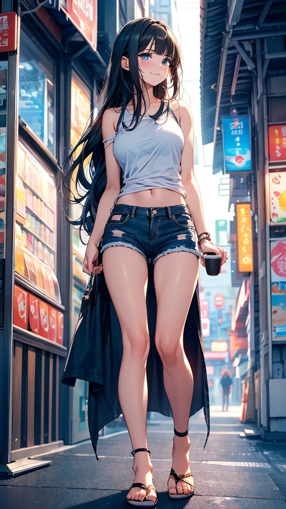 ((Best quality, 8K, masterpiece:1.4)), Anime woman, full body, very large breasts:1.5, wide hips, big butt:1.4, slender waist, detailed face, long straight black hair, bright blue eyes, wearing a tight white crop top with nipples clearly visible through the fabric, short denim shorts barely covering her ass, sweaty skin:1.2, standing in a busy city street during the day, looking straight at the viewer with a seductive expression, holding a smartphone, licking the screen seductively, highly detailed skin and face texture, detailed eyes, long eyelashes, thin waist, highly detailed face and skin texture, cityscape background with tall buildings, bustling atmosphere, realistic light and shadows, revealing clothing, confident and provocative stance, thick thighs, erotic pose