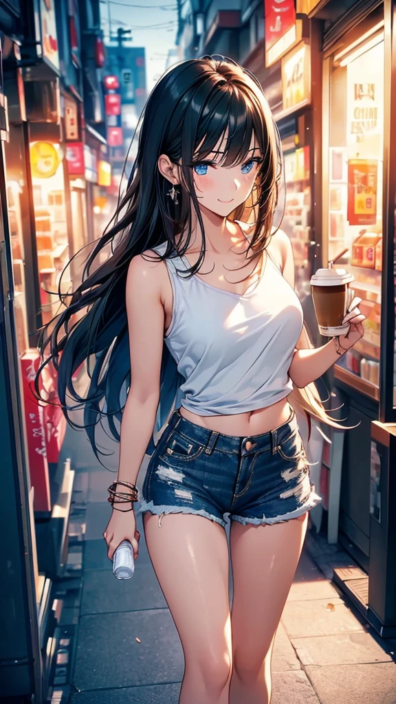 (masterpiece, best quality, Super detailed, high resolution, Extremely detailed CG, official art, Professional lighting, Perfect anatomical structure, Anime Colors), (From below), Looking at the audience, Cowboy shooting, Perfect body, 24 years old beautiful 1girl, Large Breasts, Black T-shirt, Bare shoulders, Bare belly, Denim shorts, skin tannins, Bare legs, Hip hop hats, nail_polishing, Pale skin, sparkling skin, Black Hair, Long hair, Side Chain, Straight Hair, Pink Eyes, (Smile), Waiting for friends,
rest (Night:1.5), Tokyo, (convenience store:1.3), outdoor, (Depth of Field:1.5),
rest walking, (Holding a cup of coffee:1.3)