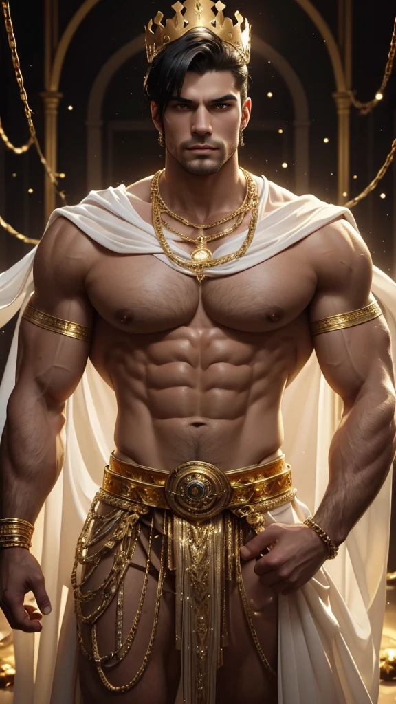 A muscular handsome man is in a wonderland, he wears a rich white as snow silk cloth layer on shoulders and back, under which you can see his extremely muscular body, perfect bare body, large chest, largest pectorals, big nipples, well-defined abs, goldish skin, the emphasis is on the male body. Above his head is a golden halo, bathes in golden sacred light, (a gold crown on his head, his body is chained with gold chains, gold finger rings), (A heavy belt with a band of gold with sparkling gemstones). Voluptuous golden brief. He has short black hair. This scene looks like something out of the realm of fantasy or legend seen from above,