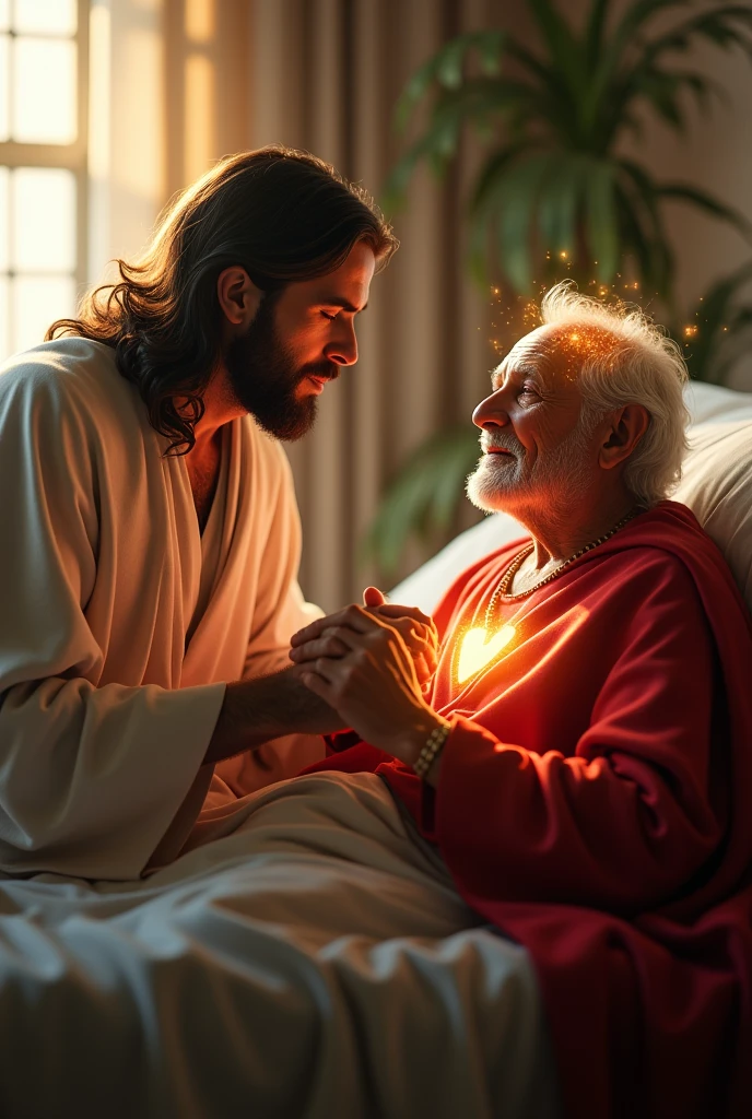 (photorealism:1.2), Handsome Jesus Christ, sitting on bed together with a sickness old man holding his hand, the face of sickness old man is visible, the light of his head and heart is sparkling all over, wearing the red color of beautiful king clothes, the light in his head and heart is sparkling, nice hair, indoors, soft lighting, hospital of bed ridden in the background, window with sunlight, cozy room, relaxed pose, realistic, intricate details, warm colors,
