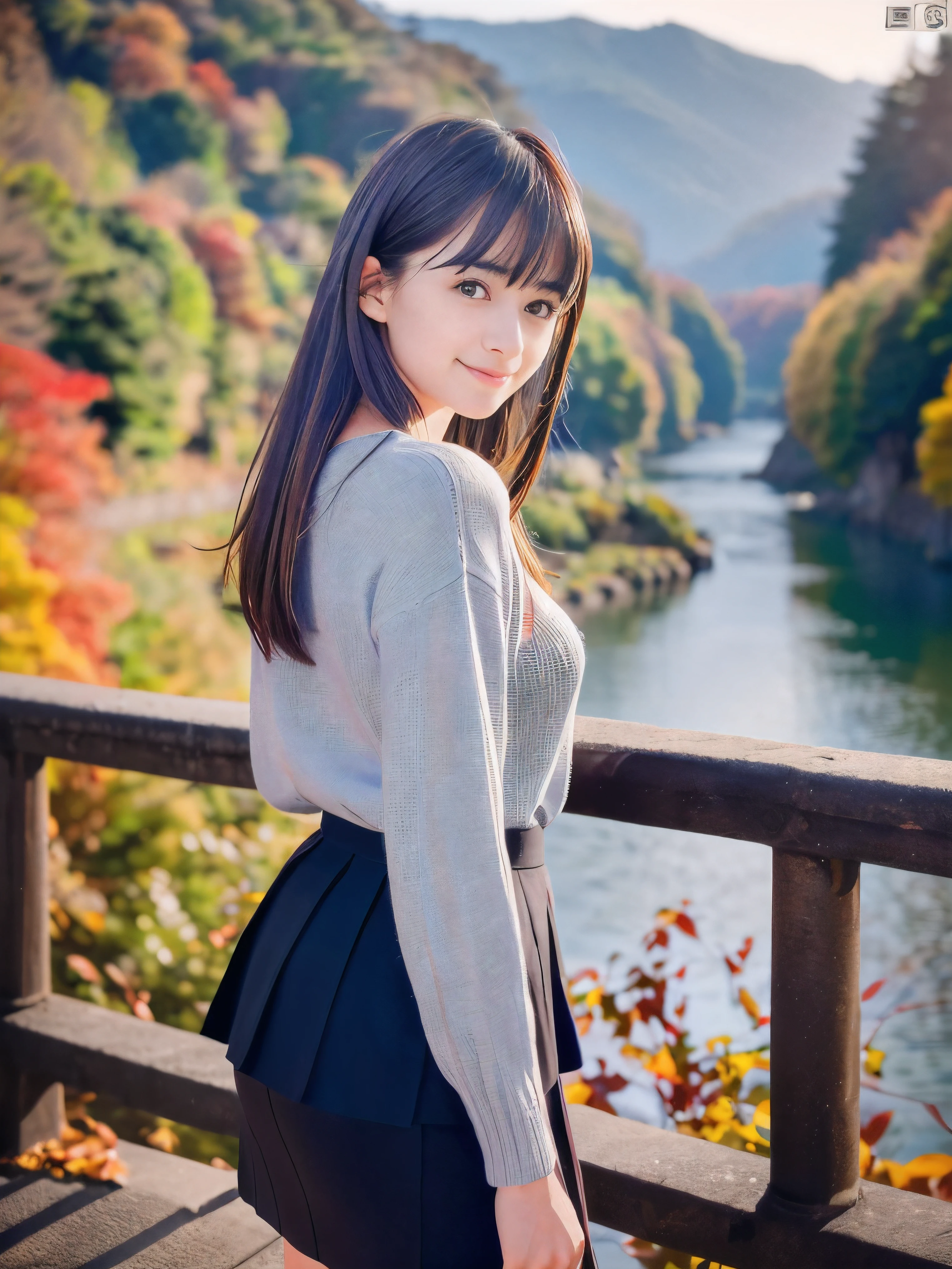 (Close up face shot of one slender small breasts dark silver long hair with swept bangs girl in a long sleeves shirt and sweater and skirt:1.5)、(One girl is looking back with sad smile on the dart road near the lake and big waterfall in Japan:1.5)、(Beautiful autumn red leaves and mountain at sunset time:1.5)、(Natural light:1.5)、(8k ultra detailed master piece:1.5)、(perfect anatomy:1.5)、(Photorealistic stick:1.5)、(Raw photo:1.3)、(highest quality:1.5)、(High resolution:1.3)、(Delicate and beautiful perfect face:1.3)、(Delicate and beautiful eye air skin:1.3)、(Real Human Skin:1.3)、((thin legs))