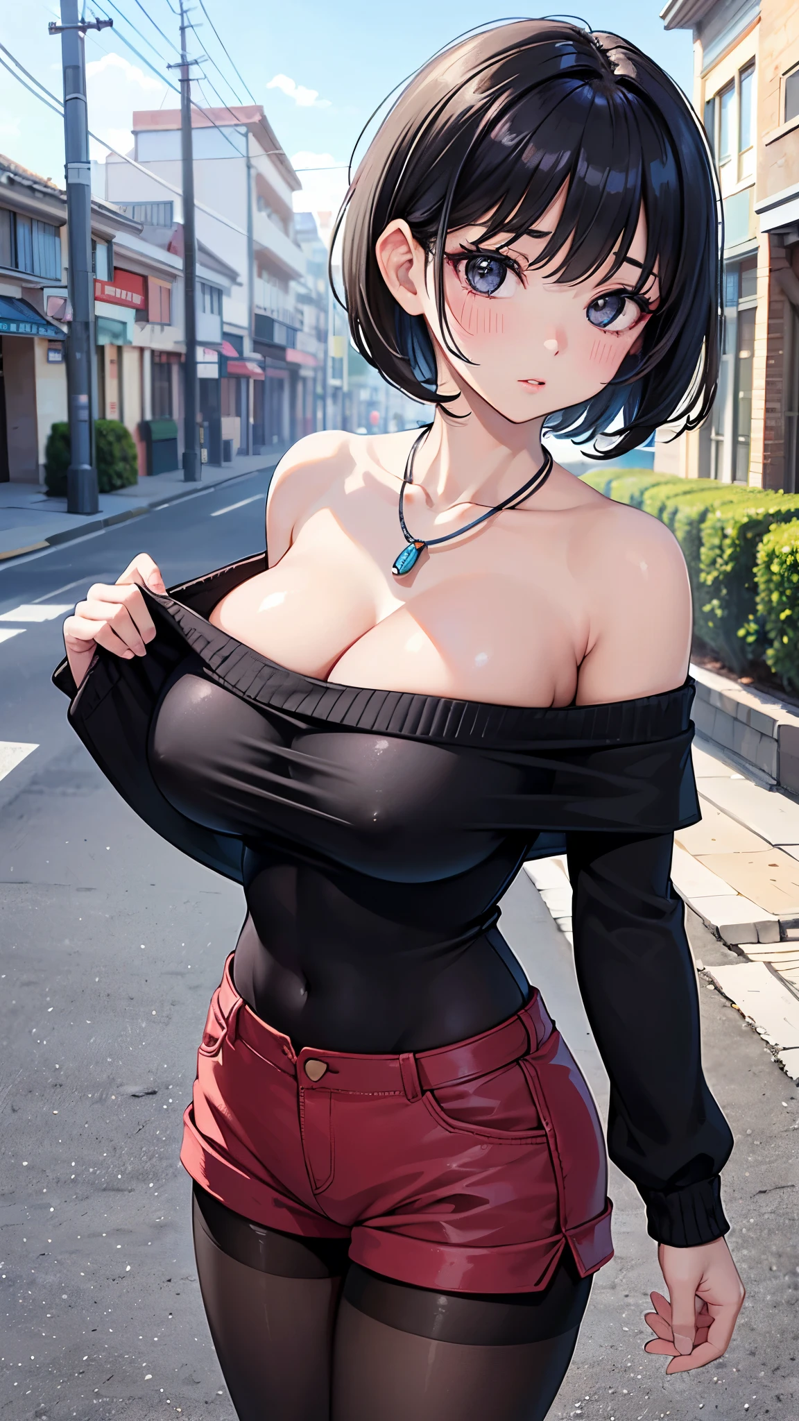 (masterpiece, 最high quality, 超High resolution, Very detailed), (Realistic:1.1, photoRealistic:1.4), Perfect illustration, Perfect lighting,Perfectly detailed hair, Perfect and exquisite face, Perfect collarbone, Perfect body,Juicy breasts, Perfect Thighs, Beautiful legs, View your audience, 1 person,Perfect Face, (Perfect Anatomy, Anatomically correct), Symmetrical face、((Shiny Hair)),Sexy Body、(masterpiece),(最high quality:1.3),8k,Very clear,(Ultra-realistic),Captivating woman,(high quality, High resolution, The finer details), Realisticなスタイルの女性,Juicy breasts、Perfect Woman、Perfect Face、Symmetrical face、、Cowboy Shot、((Big breasts))、blush、((Juicy lips))、(((Short black hair)))、((Large, double-set black eyes、Long eyelashes))、(Red Makeup)、(((Off-the-shoulder knit、necklace)))、(((Micro Shorts)))、((Wearing pantyhose))、((Naughty older sister))、(Healthy and well-developed body)、((Big tits jk))、(Outdoor、On a sunny street)