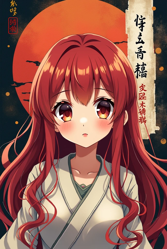 Anime girl, cute, long hair, red clothing, dark background with japanese pop art elements, traditional art elements, and lots of Japanese illustration and writing in the middle-right