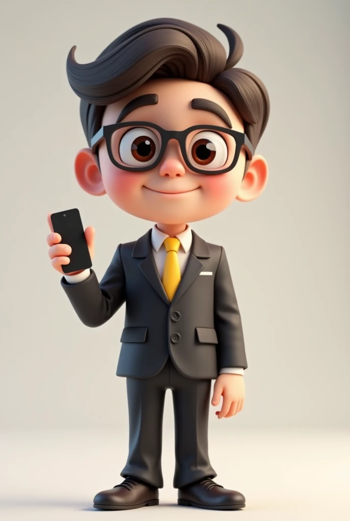 A full body 3D cartoon character. He has a friendly appearance, charismatic and is smiling. The character is a young man with fair skin, dark brown straight hair, bushy eyebrows, big brown eyes and wears glasses. His behavior is cheerful.

The character is dressed formally, wearing a black suit with a yellow tie.

With one hand she is holding a cell phone and with the other she is pointing at the cell phone. The background of the image is neutral, which further highlights the character.