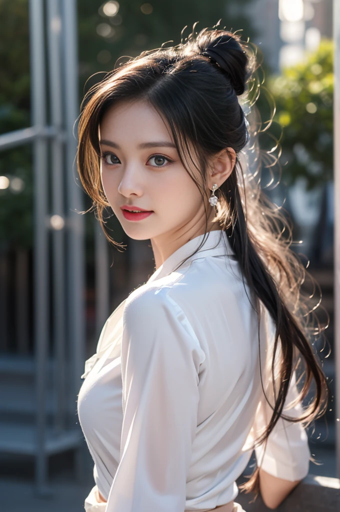 1 beautiful girl in Hanfu, ((very thin and soft white silk shirt)), platinum purple long ponytail, Jewelry, ear jewelry, necklace and necklace, carefully painted purple big eyes, carefully made up, thin eyebrows, high nose, beautiful red lips, no smile, pursed lips, rosy cheeks, wide chest, big breasts, well-proportioned breasts, slim waist, well-proportioned buttocks, black fishnet stockings, Chinese Hanfu style, fictional art pattern, full of bright and realistic colors, RAW photo, realistic photo, 8k ultra-high quality surreal photo, (magic light effect effect: 1.8), 10x pixels, magic effect (Background): 1.8), super detailed eyes, full body portrait of the girl, standing in the rain, wet clothes hugging the body, revealing beautiful curves, dynamic posture, 1 Girl, Beautiful, Baby Face, 20 Years Old, White Skin, Pose, Big Breast, (The Front of The Blouse is Open:1.3), Grey Eye, Muscles:1.3, Outdoor, Bokeh:1.1, Drill Hair, Tied Hair, ((Coloured Hair)), Open Mouth, (top quality、8k、masterpiece:1.3))、30-year-old Korean woman,sharp focus, High level of image quality, high resolution,facial focus,Portrait ID photo,Upper body photo。Draw lips correctly, red lipstick,wear white shirt,red bow tie,Green suit。wavy long hair,hair tied up,ponytail,Mature,charming smile,Pink warm color background,solid color background