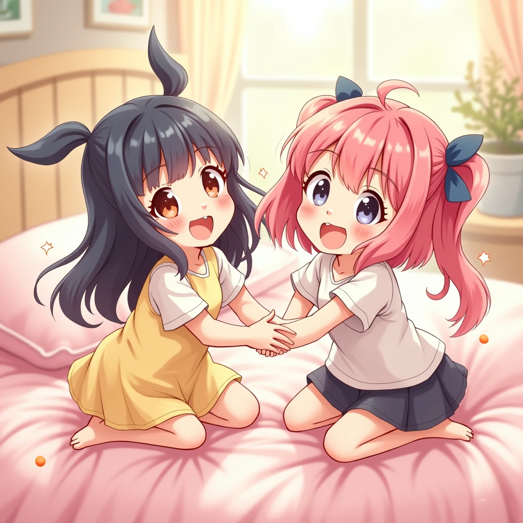 2D anime illustration、Sisters tickling each other's bodies