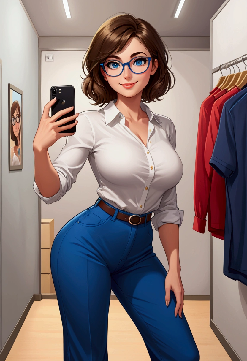 20 years old woman, Short brown hair, Méditerranéenne aux blue eye, Generous and heavy breasts, slender waist, definition of l&#39;estomac, fesses rebondies et pulpeuses, naturally curved, muscular thighs, aguicheuse, fitting room , blue eye, lunettes, wide pants and blouse, Selfie, side view, ssmile