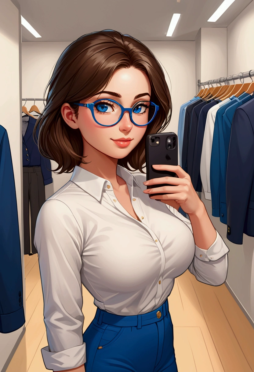 20 years old woman, Short brown hair, Méditerranéenne aux blue eye, Generous and heavy breasts, slender waist, definition of l'estomac, fesses rebondies et pulpeuses, naturally curved, muscular thighs, aguicheuse, fitting room , blue eye, lunettes, wide pants and blouse, Selfie, side view, ssmile