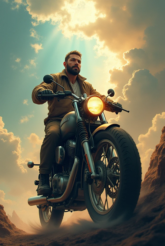 Man on motorcycle climbing to heaven to meet God
