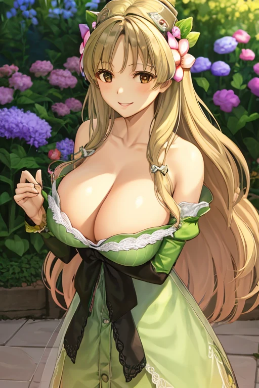 (1 girl), (smile), (Huge :1.2), (Chest close-up), (Long Hair), (Looking at the audience), (from before), (Hair Flower), (garden), (Pasture),(((large breastsleavage))