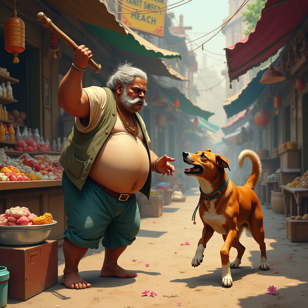 A fat Indian shopkeeper is hitting the dog with stick and the dog trying to eat sweets from his shop realistic image 