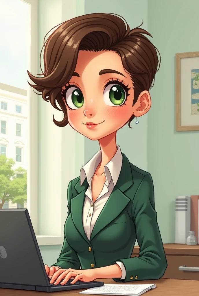 art mignon, art simple , femme, yeux vert, cheveux brun très court, tenu professionnel, un ordinateur sur un bureau, dessin