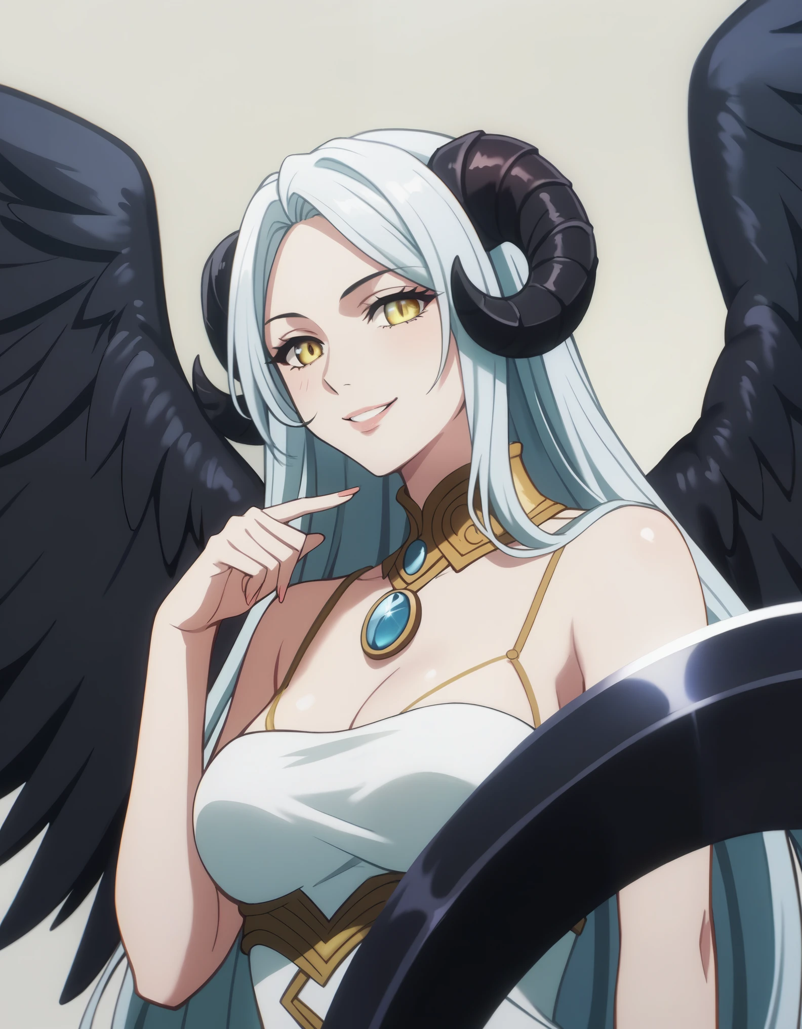 A demonic and seductive looking anime character, with black wings, long dark flowing hair, bright golden eyes, and curved horns like those of a ram. has pale skin, a mischievous smile and a playful and mysterious expression, holding a finger to his lips as if silencing someone. She wears a white dress with intricate detailing and gold accents, along with a blue gem on his chest. The scene is dramatically lit., with soft shadows that enhance her sharp features, as the background fades into darkness, adding an enigmatic and magical touch. The style is a mix of anime fantasy with intricate details, Capturing an intense portrait, close and dynamic