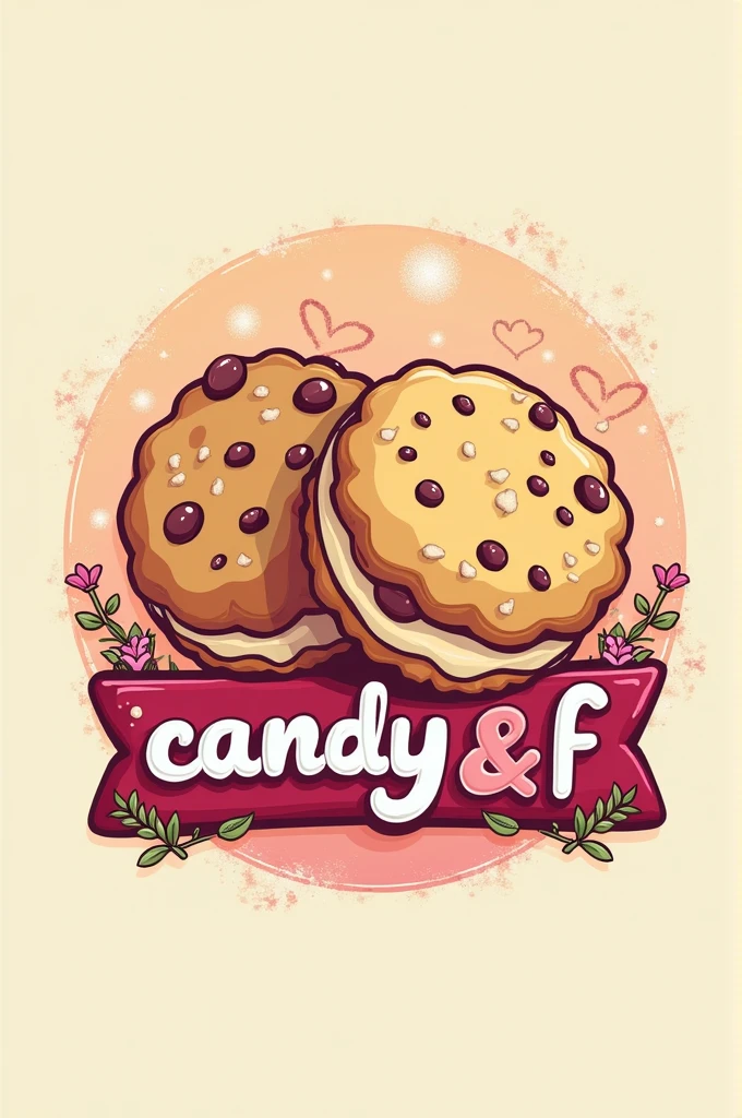 create a logo for a candy store with the central focus on cookies and the phrase "Candy &F"