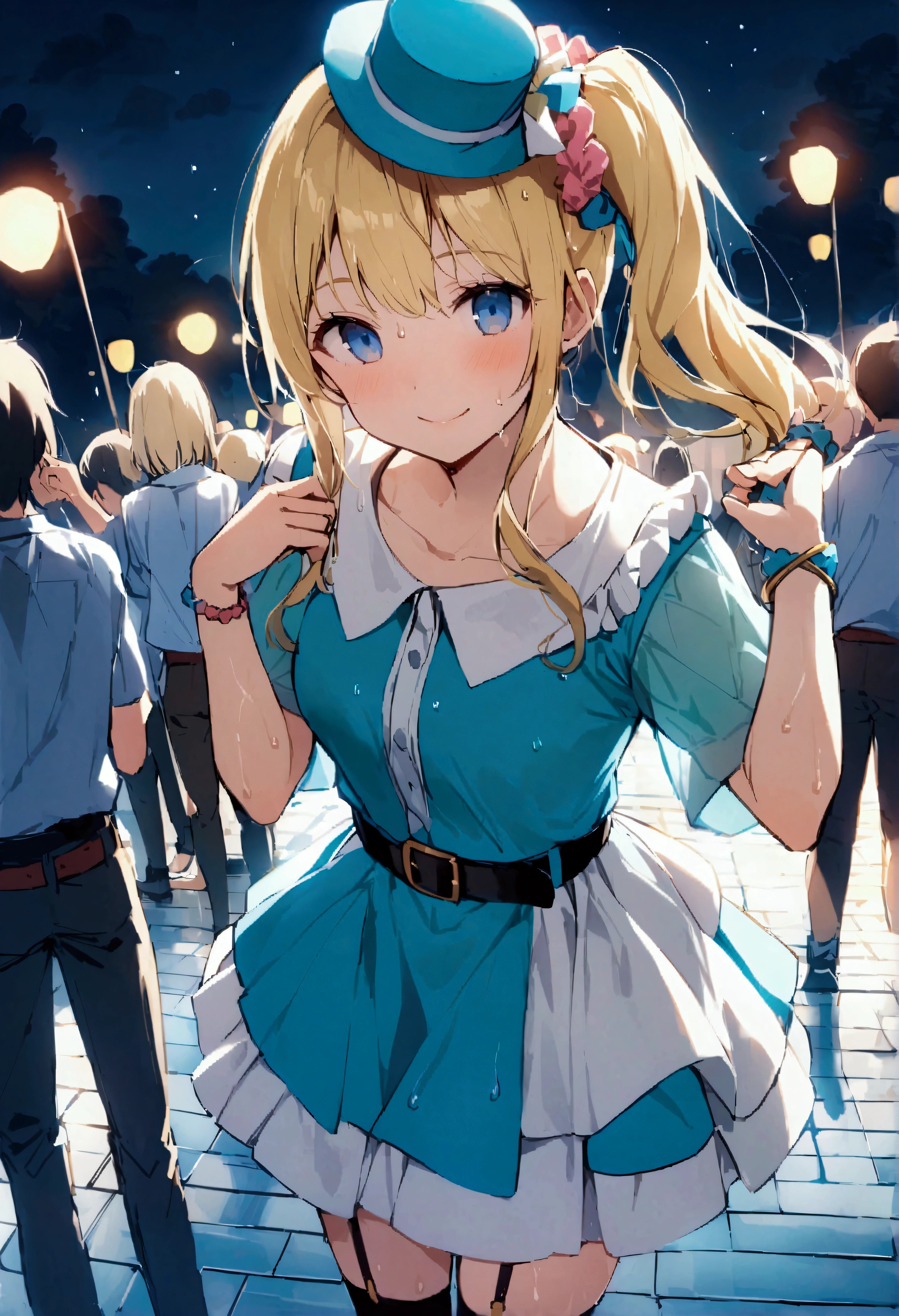score_9、score_8_up、score_7_up、source_アニメ、solo、1 person、Single、Toyohama Peaceful、bangs、blue eyes、Blonde Hair、hair ornaments、Side Lock、Side Ponytail、Scrunchie、ヘアScrunchie、青いScrunchie、Braid、、skirt、shirt、Knee socks、hat、jewelry、belt、黒のKnee socks、bracelet、Garter Straps、Mini Hat、silk hat、レイヤードskirt、Idol、ミニsilk hat、赤いshirt、clavicle、、Wet day、umbrella、walk home、puddle、Wet Hair、smile、Staring at the audience、solo、、Cowboy Shot、Dutch Angle