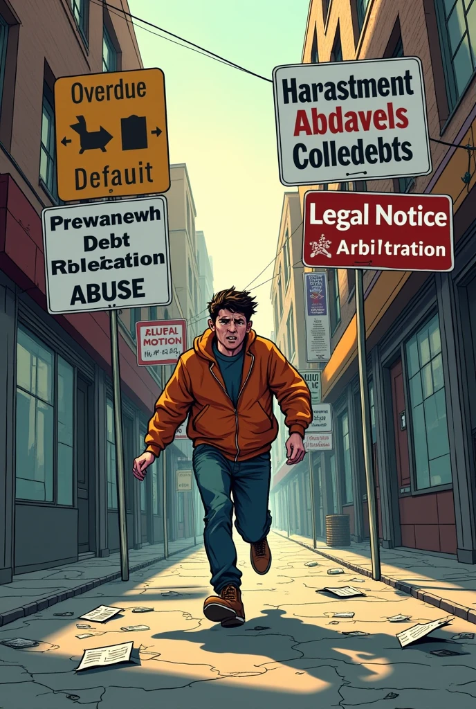 A person is debt trapped, being harrassed by debt collection agents and surrounded by day to day bills. Comic style. Put some signboards for easy understanding of the matter. Horizontal layout. Signboards contains "Overdue", "Default", "Harrasment", "Abuses", "Legal Notice", "Arbitration". Picture in street. Person is running away from the collectors. Signboards in english