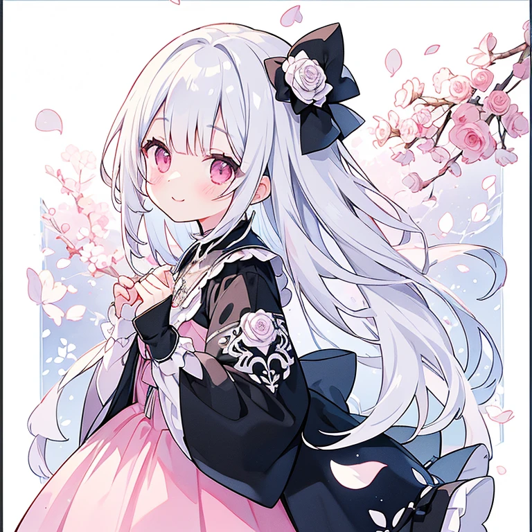 Transparent watercolor、、Beautiful layout and motif、Depth of written border、smile、1 person、Silver Hair((Medium Hair、Straight Hair))、White bristles、Fashionable design clothes、Background white、Rose petals、cute、black and pink goth、