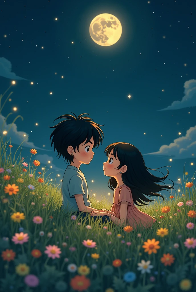 Girl and boy with black hair on a meadow with flowers and fireflies.it's night.There are stars.his hair blows in the wind. He cries but smiles. He listens to music.gibili style