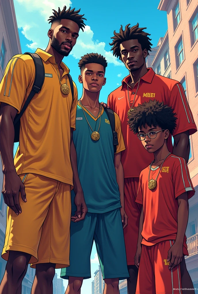 4 jeunes adultes blacks
L'un s'appelle Sylla ( Fan de football ⚽)
The largest in size, mince
Un autre un peu plus court que lui, darker complexion than others, muscular and handsome and bearded his name is Melek ( fan de films et séries)
The third one, shorter than the other two, wears glasses.. C'est Oswald ( manga fan )
The last one, slightly shorter, is called Johannes. ( fan de basket 🏀)
Put each name on everyone's outfit in the form of animes