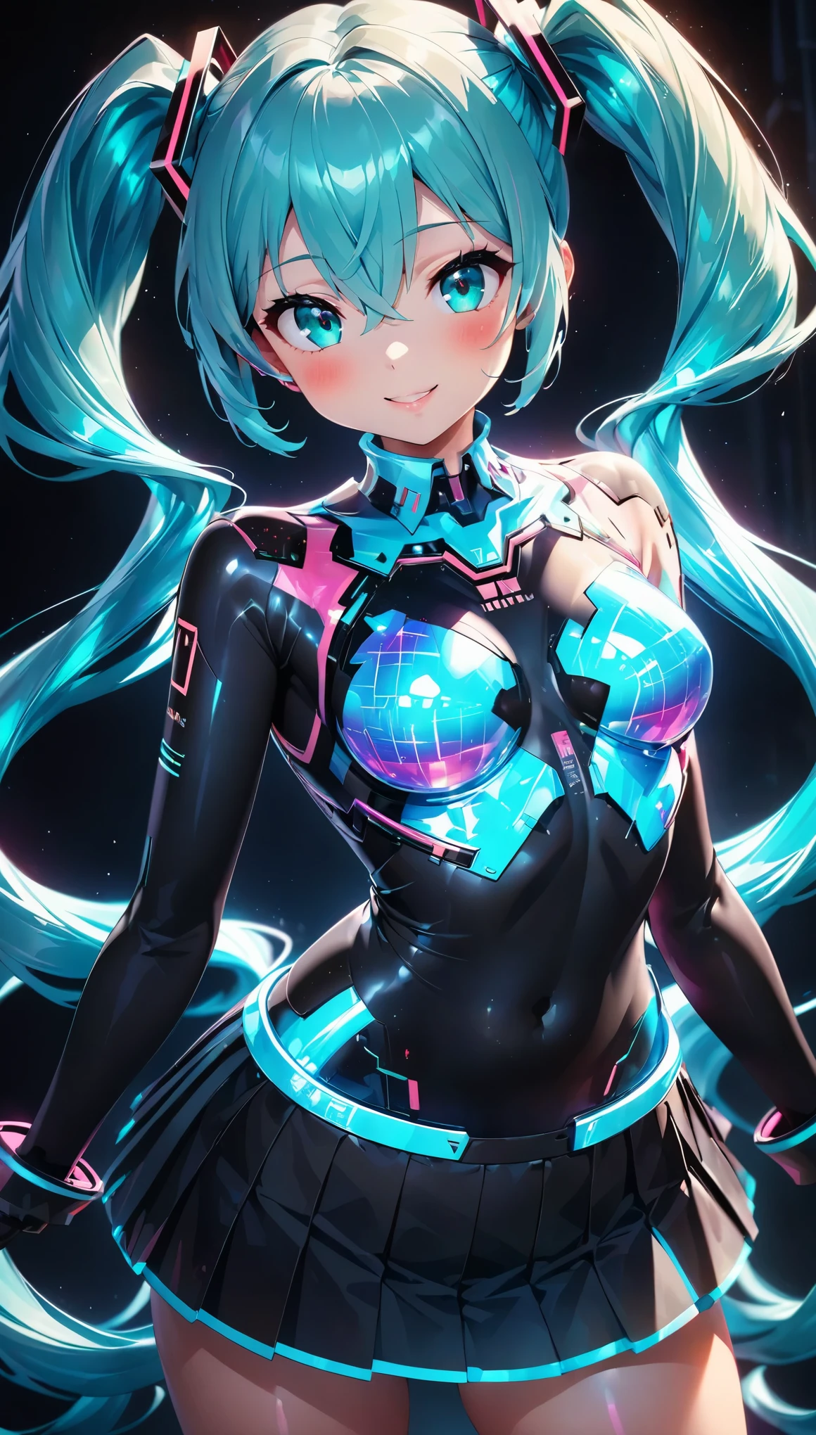 holography, Draw in neon colors, Beautiful holographic_Cyber Girl, Neon Hologram Suit, Shiny cyberpunk futuristic outfit, Pleated skirt, ((hatsune miku, Aqua Eye, Aqua Hair, bangs, whole body, Hair between the eyes, Long Hair, Twin tails, very Long Hair)), Slim figure:1.4, Beautiful Eyes, Glossy Lips, Glowing Skin, Detailed skin texture, ((smile, blush, Bust Shot)), Multi-colored holographic pattern, Dynamic pose:1.4, Dramatic lighting, Cinematic composition, Intricate details, (Highest quality:1.2, Very detailed, anime, Attention to detail, Ultra-high resolution, High Contrast, masterpiece:1.2, Highest quality, Best aesthetics),