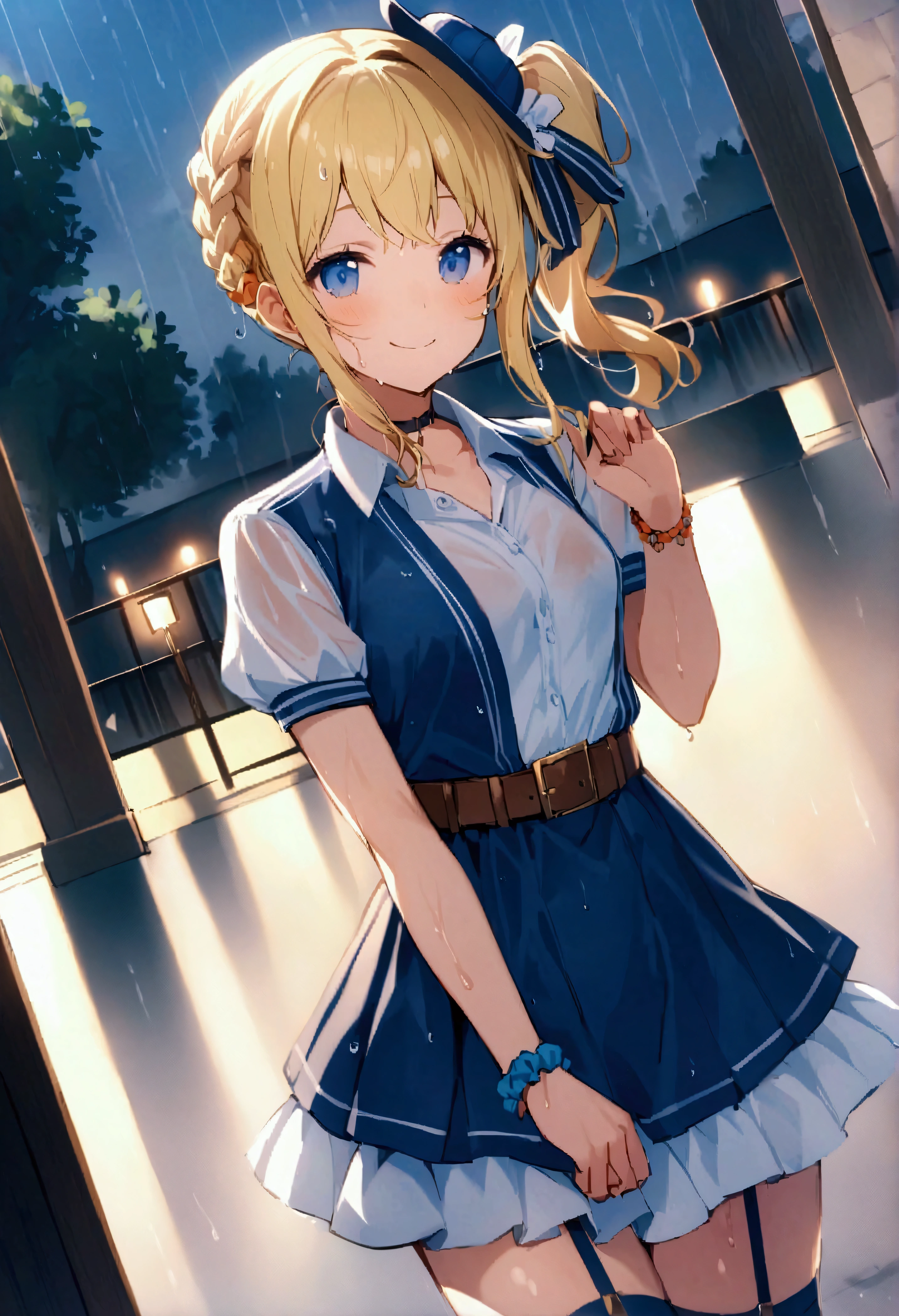 score_9、score_8_up、score_7_up、source_アニメ、solo、1 person、Single、Toyohama Peaceful、bangs、blue eyes、Blonde Hair、hair ornaments、Side Lock、Side Ponytail、Scrunchie、ヘアScrunchie、青いScrunchie、Braid、、skirt、shirt、Knee socks、hat、jewelry、belt、黒のKnee socks、bracelet、Garter Straps、Mini Hat、silk hat、レイヤードskirt、Idol、ミニsilk hat、赤いshirt、clavicle、、Wet day、umbrella、walk home、puddle、Wet Hair、smile、Staring at the audience、solo、、Cowboy Shot、Dutch Angle