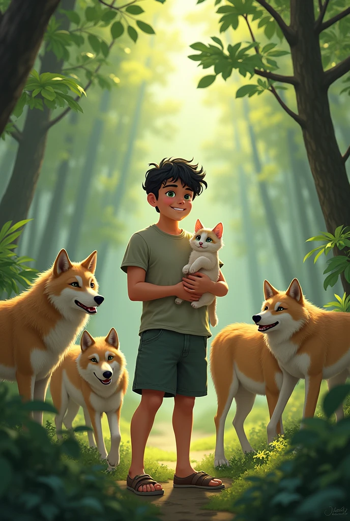 with short black wavy hair, green eyes, chubby, looks like he's , wearing a t-shirt and shorts in a beautiful forest with wolves around him and holding a kitten