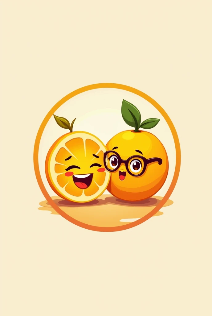 Draw 2 animated half oranges. Customized with face.  1 must be male, bet and a well-groomed tuft; and the second must be female. with glasses, very happy and young That the drawings are more minimalist and are within a circular logo 
