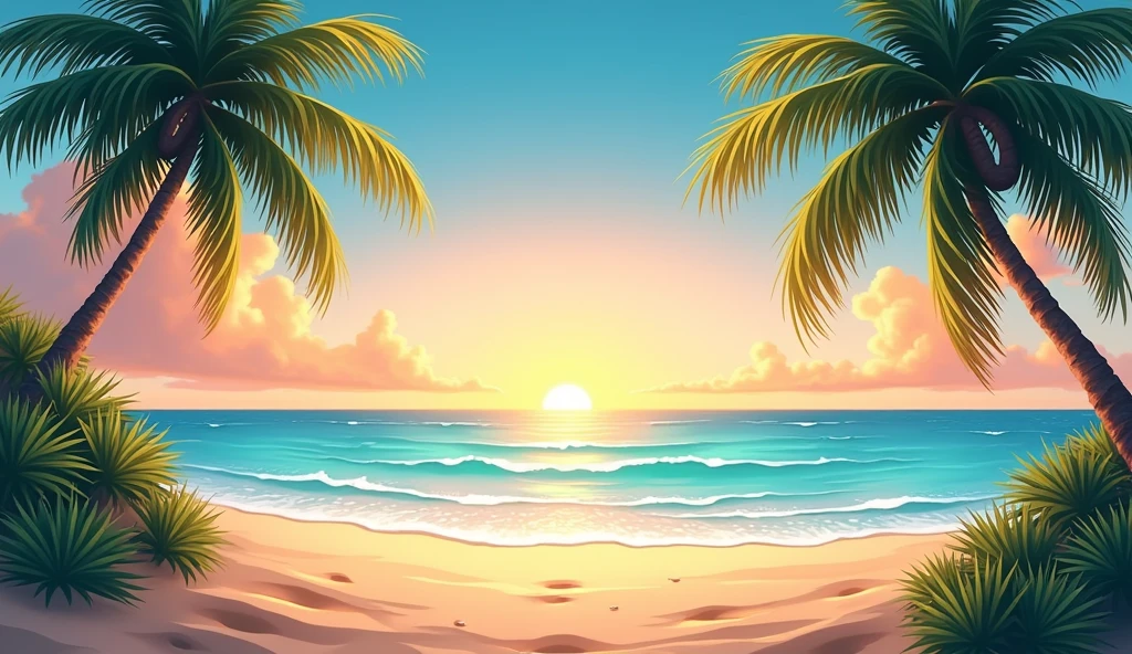 Create a horizontal background on the beach where you can see a sunrise at the sea and palm trees. It should be an animated image with clear and bright colors 