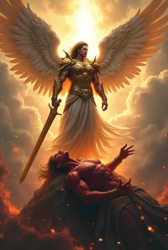 Archangel Michael stepping on Satan