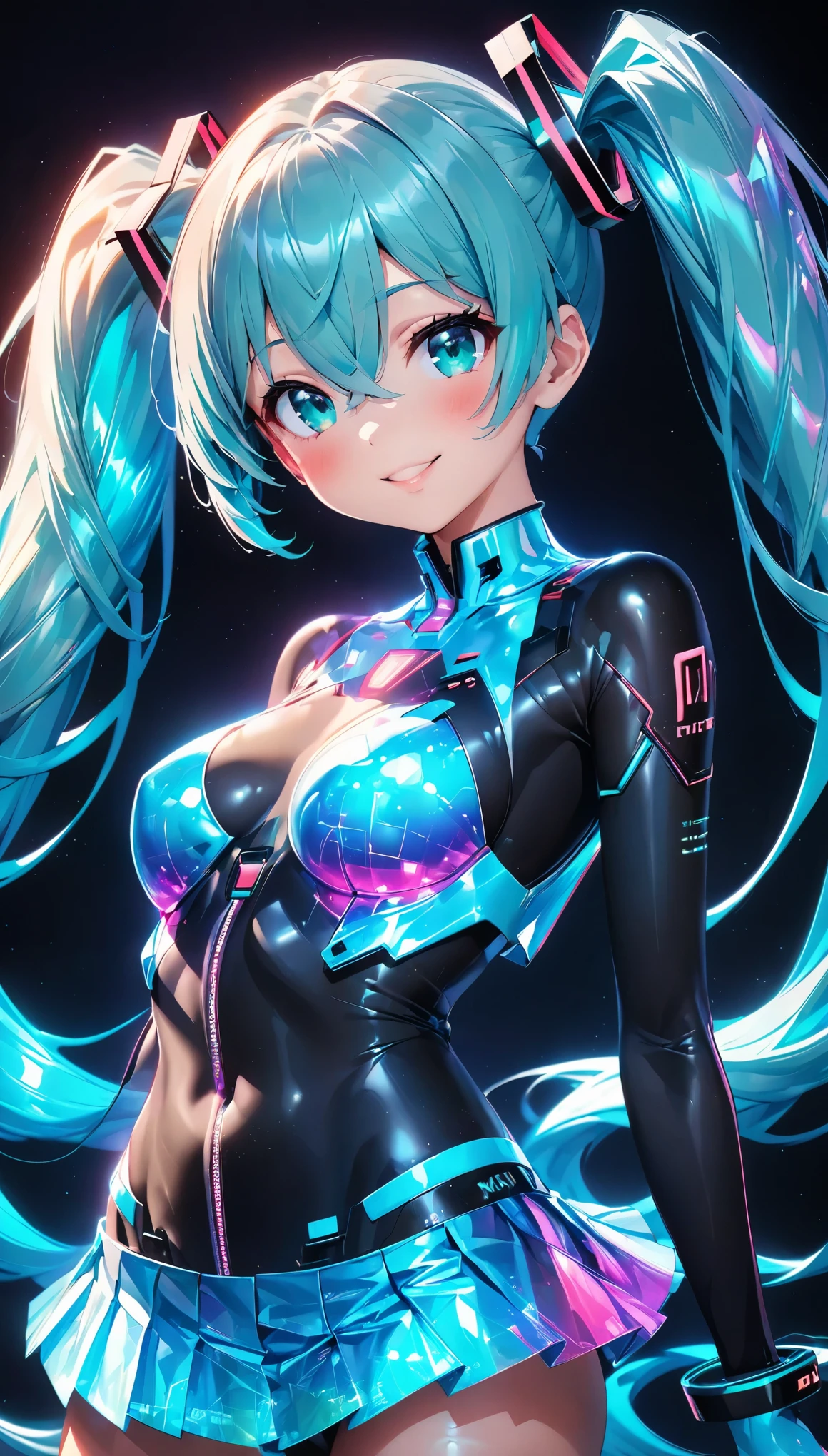 holography, Draw in neon colors, Beautiful holographic_Cyber Girl, Neon Hologram Suit, Shiny cyberpunk futuristic outfit, Pleated skirt, ((hatsune miku, Aqua Eye, Aqua Hair, bangs, whole body, Hair between the eyes, Long Hair, Twin tails, very Long Hair)), Slim figure:1.4, Beautiful Eyes, Glossy Lips, Glowing Skin, Detailed skin texture, ((smile, blush, Bust Shot)), Multi-colored holographic pattern, Dynamic pose:1.4, Dramatic lighting, Cinematic composition, Intricate details, (Highest quality:1.2, Very detailed, anime, Attention to detail, Ultra-high resolution, High Contrast, masterpiece:1.2, Highest quality, Best aesthetics),