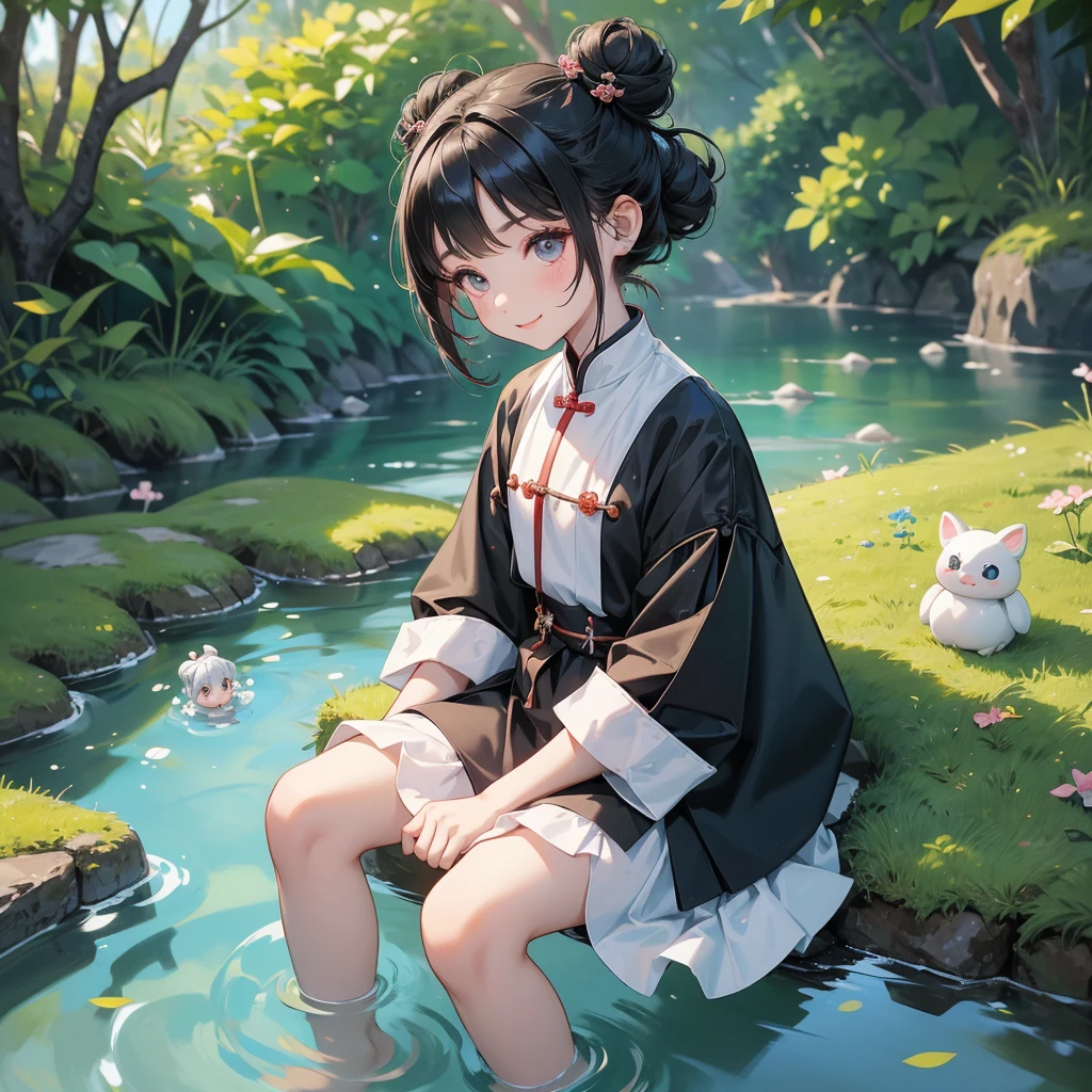 A chibi child girl had a small face and Wearing white little Taoist priest's outfit. A pair of big round eyes shone with curiosity about him. This child was so cute,her hair is black with two buns on her hair.small chibi, chibi baby, smiling ,Chibi.
Sitting fishing next to a green stream, a blue river full of fish. flowing slowly
