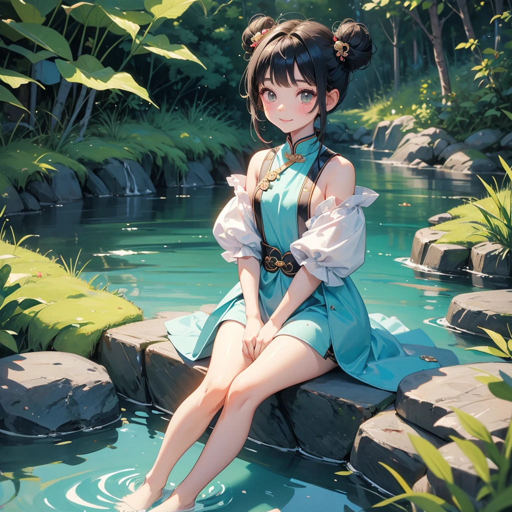A chibi child girl had a small face and Wearing white little Taoist priest's outfit. A pair of big round eyes shone with curiosity about him. This child was so cute,her hair is black with two buns on her hair.small chibi, chibi baby, smiling ,Chibi.
Sitting fishing next to a green stream, a blue river full of fish. flowing slowly