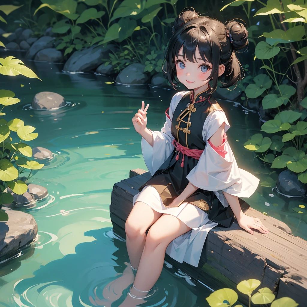 A chibi child girl had a small face and Wearing white little Taoist priest's outfit. A pair of big round eyes shone with curiosity about him. This child was so cute,her hair is black with two buns on her hair.small chibi, chibi baby, smiling ,Chibi.
Sitting fishing next to a green stream, a blue river full of fish. flowing slowly