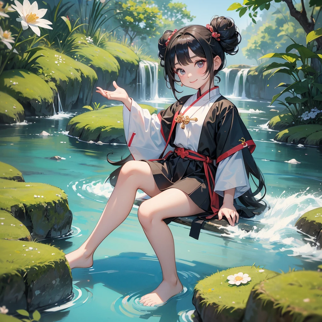 A chibi  girl had a small face and Wearing white little Taoist priest's outfit. A pair of big round eyes shone with curiosity about him. This childso cute,her hair is black with two buns on her hair.small chibi, chibi baby, smil,Chibi.

Sitting fishing next to a green stream, a blue river full of fish. flowing slowly