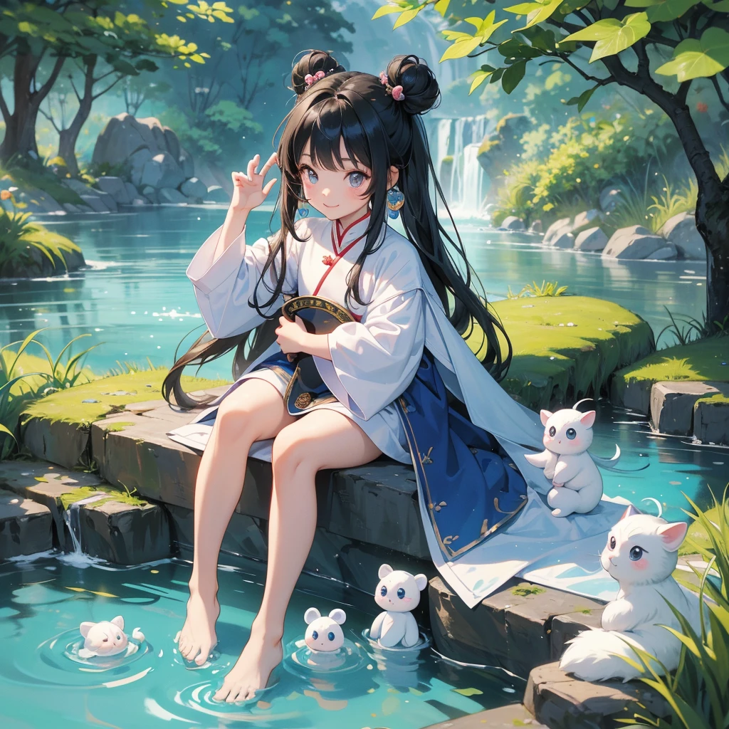 A chibi child girl had a small face and Wearing white little Taoist priest's outfit. A pair of big round eyes shone with curiosity about him. This child was so cute,her hair is black with two buns on her hair.small chibi, chibi baby, smiling ,Chibi.
Sitting fishing next to a green stream, a blue river full of fish. flowing slowly