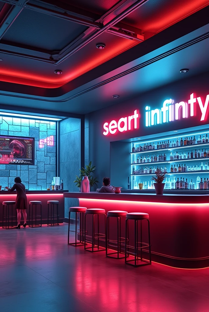 Photographic grade，Movie quality，CG Wallpaper，An interior view of a cyber bar with a strong atmosphere，Store name displayed on bar counter"SeaArt Infinity"