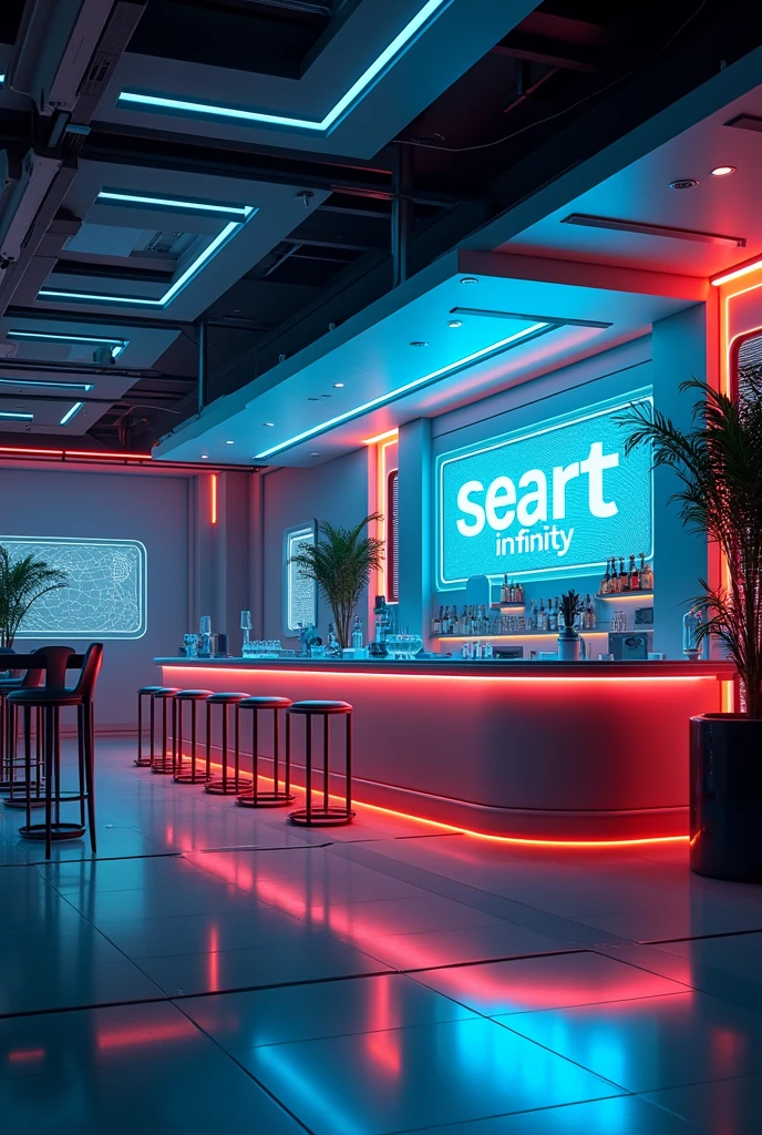 Photographic grade,Movie quality,CG Wallpaper,An interior view of a cyber bar with a strong atmosphere,Store name displayed on bar counter"SeaArt Infinity"