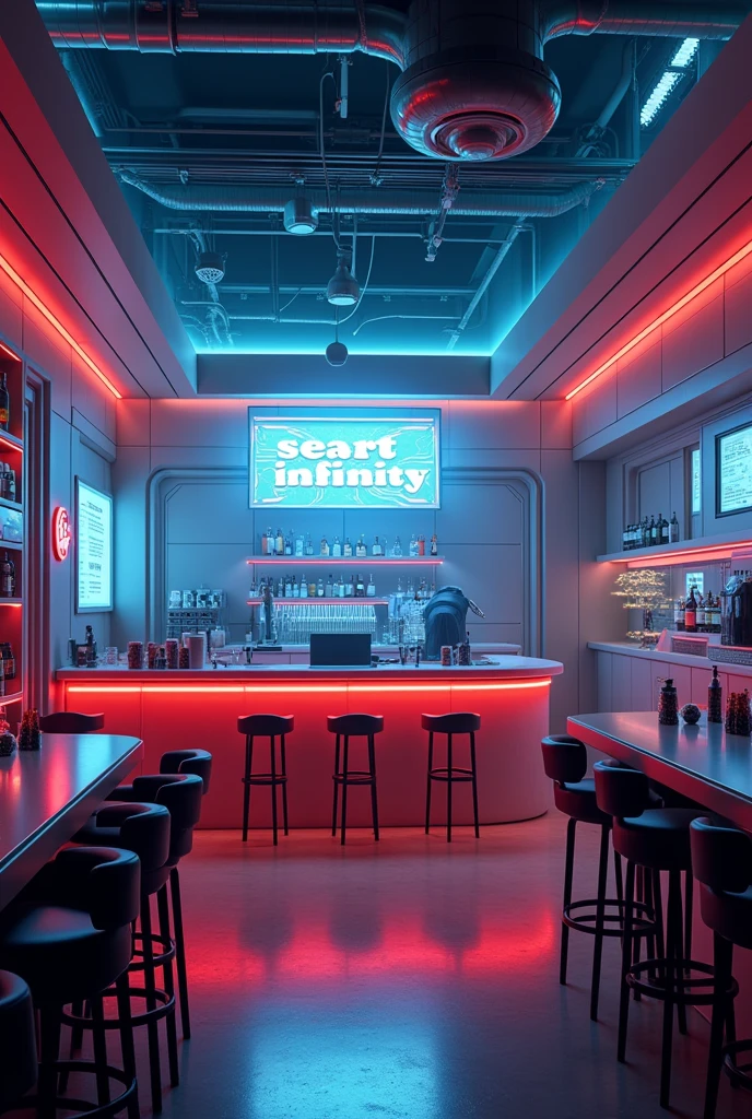Photographic grade,Movie quality,CG Wallpaper,An interior view of a cyber bar with a strong atmosphere,Store name displayed on bar counter"SeaArt Infinity"