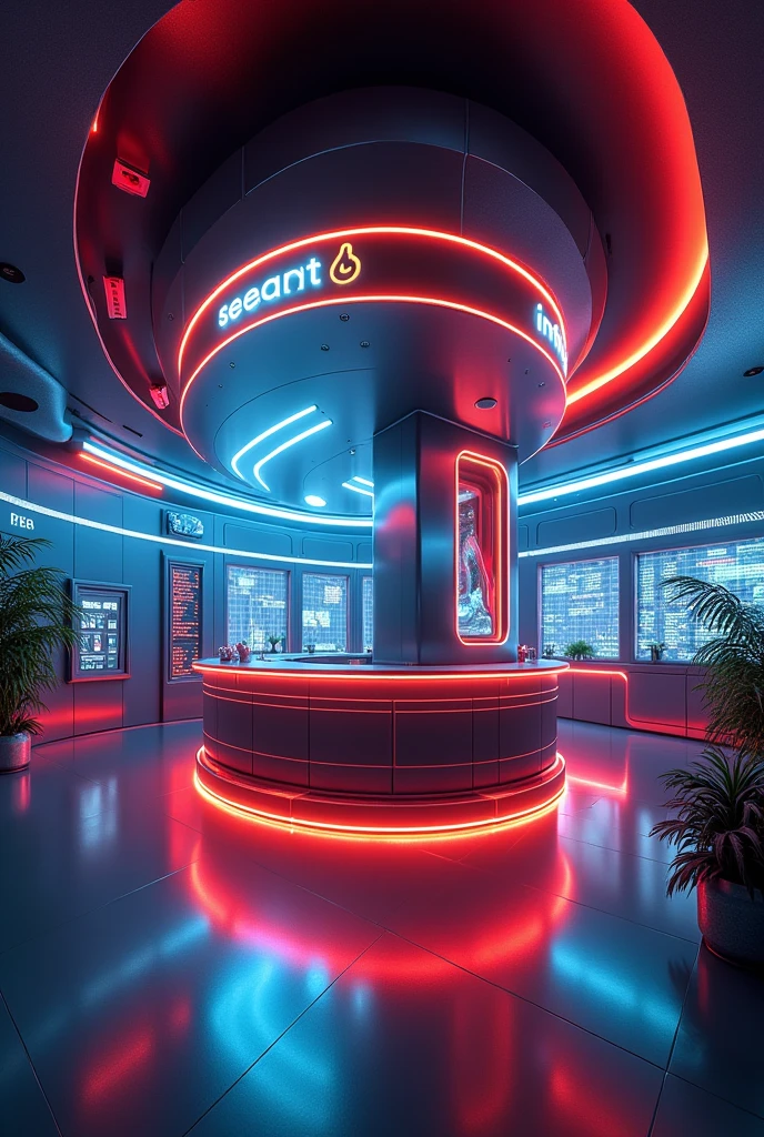 Photographic grade,Movie quality,CG Wallpaper,An interior view of a cyber bar with a strong atmosphere,Store name displayed on bar counter"SeaArt Infinity"
