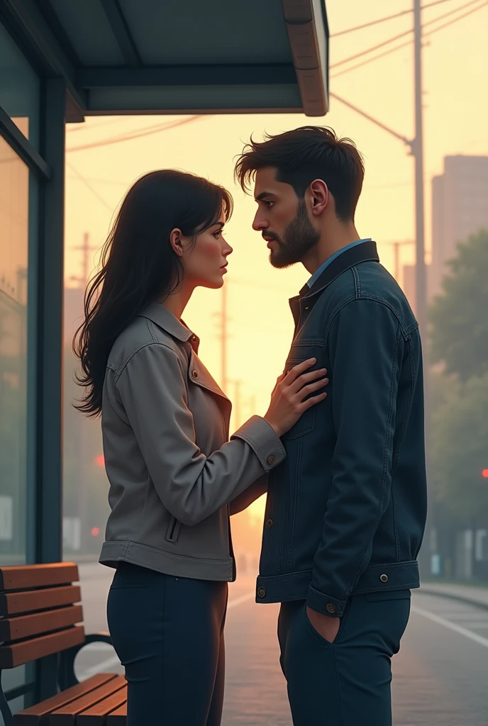 A man and a woman say goodbye at a bus stop