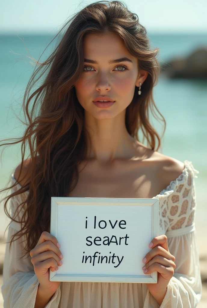 Beautiful girl with wavy long hair, bohemian dress, holding a white board with text "I Love Seaart Infinity" and showing it to the viewer