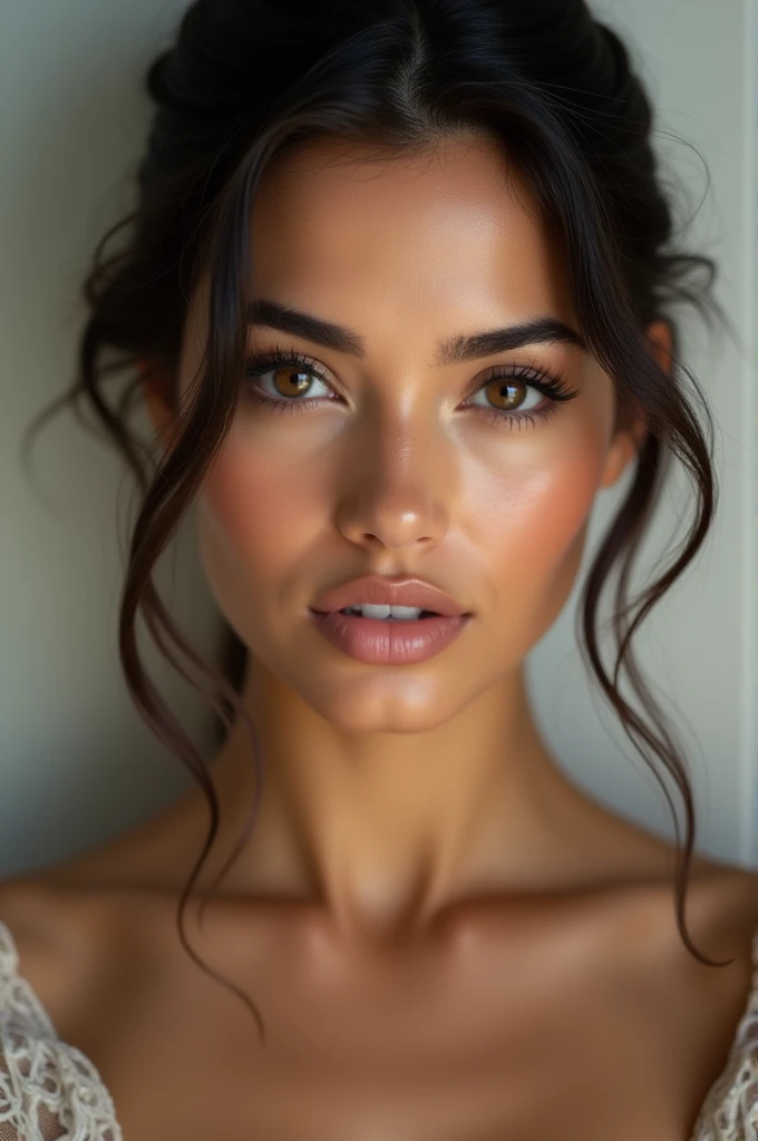 Ultra realistic photo portrait of a Brunette with straight haire, latina , no makeup, meticulous, gorgeous, large lips, Dark brown eyes, tied hair | detailed, highly detailed, 8k resolution, high resolution, full hd resolution image grain, award winning photography