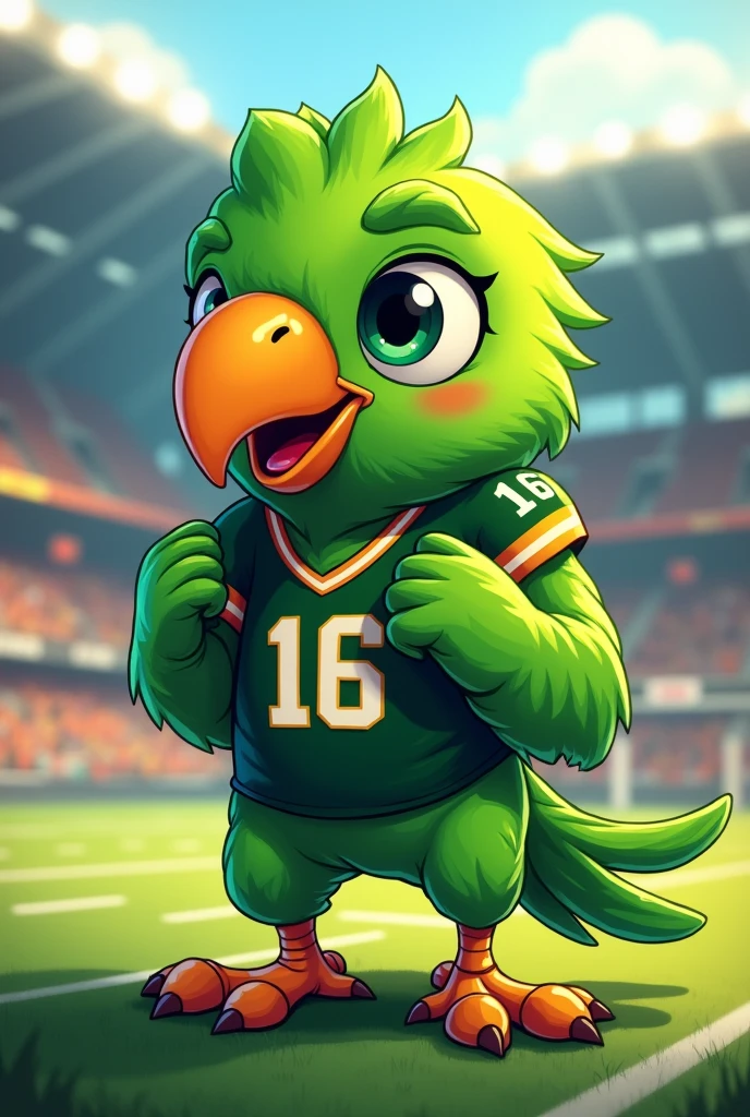 A teenage green parrot as a football mascot