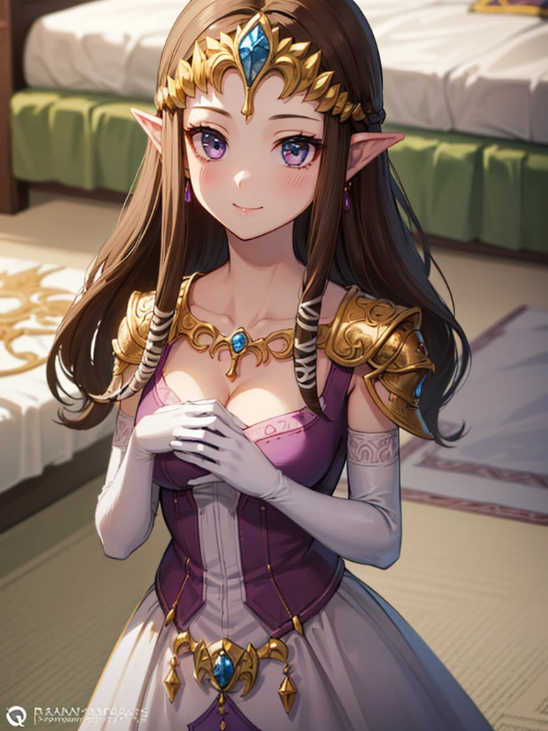 (((Face close-up))),(((((ウェディングdress))))),(Expressionless),(((Please place your hand on your chest)))))),((Upper Body)),((alone)),((side angle))),Anime art style,masterpiece,(Highest quality), (Super detailed),(Very delicate and beautiful),(alone),(detailedな顔と目),Beautiful eyes like jewels,(A truly gorgeous jeweled ruffled rococo ball gown dress),(((Mature Woman,Queen))),((1 Queen in a beautiful embroidery and jeweled absolutely gorgeous rococo ballgown dress with voluminous full length hoop skirt)),((crinoline)),,((Straight hair galore,Very long straight hair with plenty of volume,Super long straight hair)),,Cleavage,(bed),length_gloves,Very gorgeous hair accessories、((((front)))),((((Adult Expressions)))),((((Beautiful Face)))),((((dress)))),(()),(((Long Hair)))),((((Straight hair)))),((Cleavage)),((((Dark brown hair)))),Princess Zelda,((chest is slightly exposed)), ((Highest quality)),,(Very detailed) ,((Purple Blouse)),(((Raking up hair with one hand))),Brown Hair,(()),, ((Highest quality)), (Very detailed),((detailed)),(((smile))),Nintendo, The Legend of Zelda),,((alone)), ((Highest quality)), (Very detailed), ,