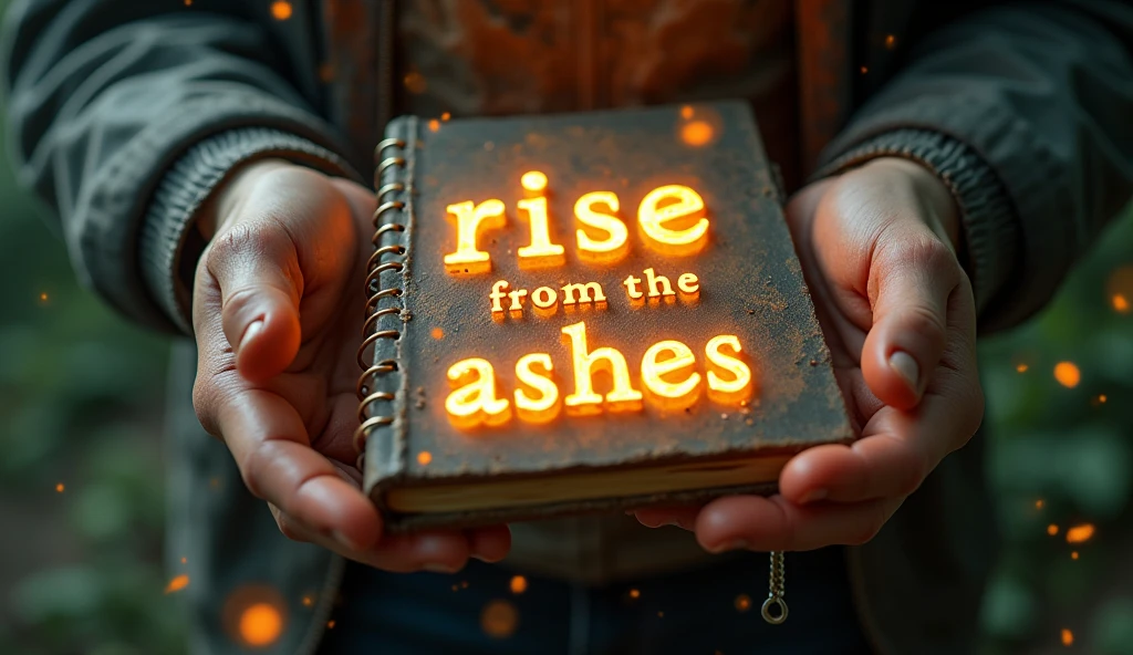 Create an ultra-realistic, 3D thumbnail that captures a dramatic close-up of the character’s hands gripping an old, weathered notebook. The notebook emits a vibrant glow, with holographic blueprints of innovative ideas for campus rebuilding hovering just above it, showcasing creativity and ambition. The background should be softly blurred, revealing the haunting beauty of an abandoned university, with lush overgrowth and crumbling architecture hinting at nature reclaiming the space. Soft, warm light radiating from the notebook bathes the surroundings, symbolizing hope and new beginnings. The character’s hands, slightly soiled from effort, convey determination and resilience. The text "RISE FROM THE ASHES" should be prominently embossed on the notebook cover in radiant, 3D gold letters, surrounded by drifting particles of light that enhance the enchanting atmosphere and draw the viewer’s eye.