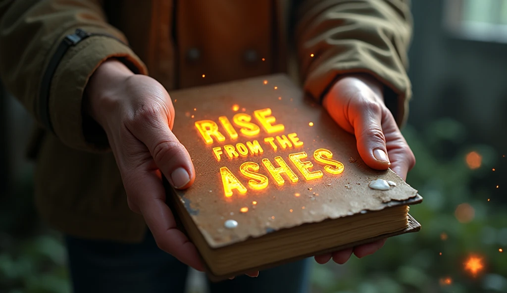 Create an ultra-realistic, 3D thumbnail that captures a dramatic close-up of the character’s hands gripping an old, weathered notebook. The notebook emits a vibrant glow, with holographic blueprints of innovative ideas for campus rebuilding hovering just above it, showcasing creativity and ambition. The background should be softly blurred, revealing the haunting beauty of an abandoned university, with lush overgrowth and crumbling architecture hinting at nature reclaiming the space. Soft, warm light radiating from the notebook bathes the surroundings, symbolizing hope and new beginnings. The character’s hands, slightly soiled from effort, convey determination and resilience. The text "RISE FROM THE ASHES" should be prominently embossed on the notebook cover in radiant, 3D gold letters, surrounded by drifting particles of light that enhance the enchanting atmosphere and draw the viewer’s eye.