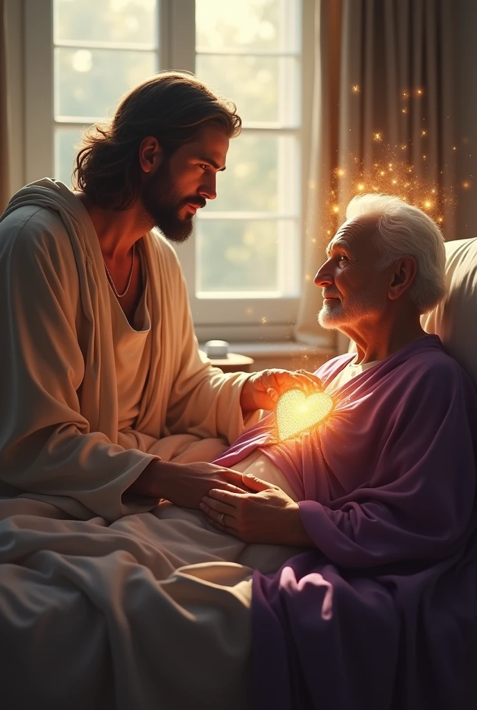 (photorealism:1.2), Handsome Jesus Christ, sitting on bed together with a sickness old man holding his hand, the face of sickness old man is visible, the light of his head and heart is sparkling all over, wearing the violet color of beautiful king clothes, the light in his head and heart is sparkling, nice hair, indoors, soft lighting, hospital of bed ridden in the background, window with sunlight, cozy room, relaxed pose, realistic, intricate details, warm colors,