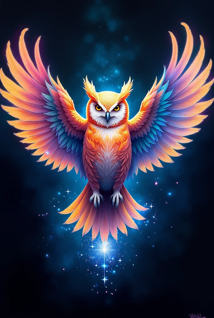 Colorful owl drawing on a black background,, Breathtaking Rendering, In a shining connection, Inspired by Kinuko Y. Crafting,, Magical Elements, Kitten Icon, oh, Is beautiful, Cast a variety of spells, bright flash, flash  