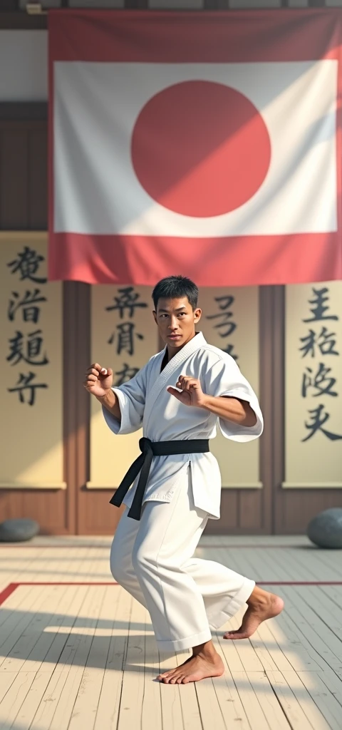 Create a hyper-realistic image of a karate fighter, dark-skinned, short and dark hair, positioned in a fighting stance, inside a traditional karate dojo in Okinawa. The dojo has tatami floors and polished wooden walls., decorated with scrolls of parchment with Japanese kanji hanging on them. Ao fundo, there is a large window showing a view of a zen garden with rocks and a bonsai tree. Natural light gently enters the dojo, creating a peaceful atmosphere, but disciplined. The fighter's uniform is a traditional white karategi with a black belt.. The environment should reflect the history and tradition of karate in Okinawa